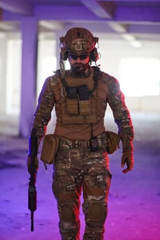 A professional soldier undertakes a perilous mission in an abandoned building illuminated by neon blue and purple lights.