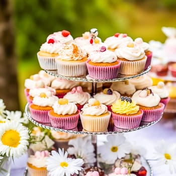 Cupcakes, cakes, scones and muffins and holiday decoration outdoors at the English country style garden, sweet desserts for wedding, birthday or party celebration, post-processed, generative ai