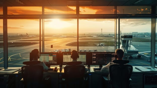 Airport Air Traffic Control Center with Professional Male and Female Controller Team Front View High Angle Golden Hour Light Concept Cinematic Style.