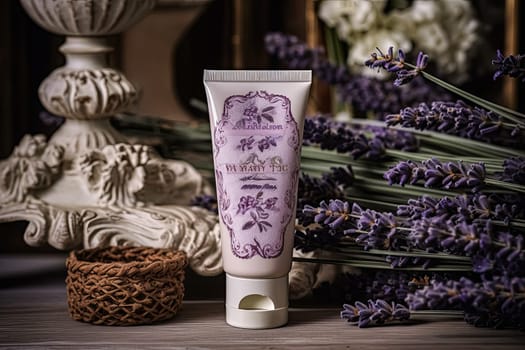 A bottle of lavender lotion sits on a table next to purple flowers. The bottle is decorated with a lavender flower design