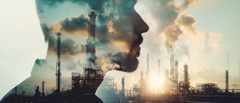 Double Exposure of Man's Profile and Industrial Scene Concept Fusion of Human and Industrial Imagery.