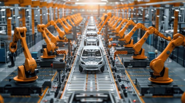 High Tech Factory Floor with Robotic Arms Assembling Sleek Car Concept Advanced Automation and Precision Engineering.