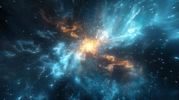 A bright blue and orange starburst in space. The bright orange star is surrounded by a blue and white swirl of stars