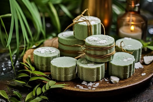 A stack of green bath bombs with a cross on them. The bath bombs are piled on top of each other on a wooden table