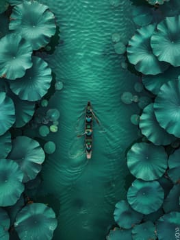 A boat is floating on a river with green lily pads on the shore. The boat is surrounded by trees and the water is calm