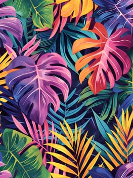 A vibrant pattern of colorful tropical leaves, resembling a painting of terrestrial plants and vegetation. The seamless design features flowers and petals on a dark background