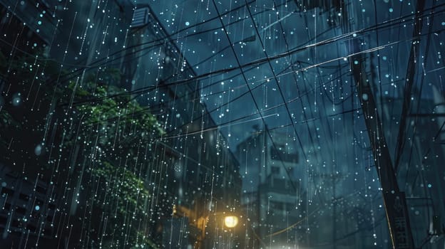 A city street with rain falling and lights shining through the rain. Scene is somewhat melancholic, as the rain seems to be falling heavily