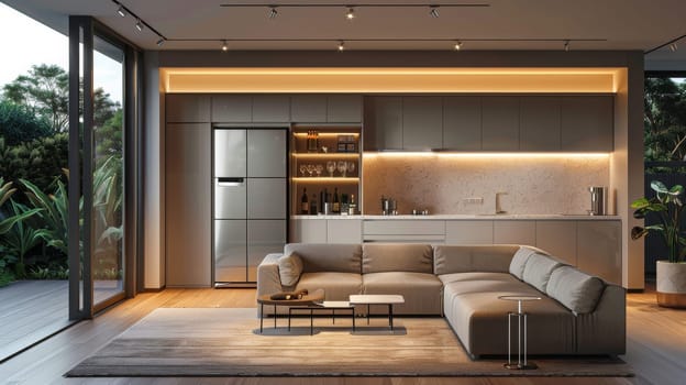 A kitchen with a granite countertop and wood cabinets. The kitchen is clean and well-organized