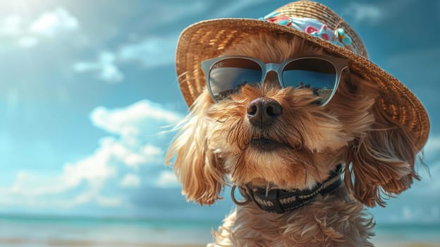 A dog wearing sunglasses and a straw hat is standing on a beach. The dog is smiling and he is enjoying the sunny day.