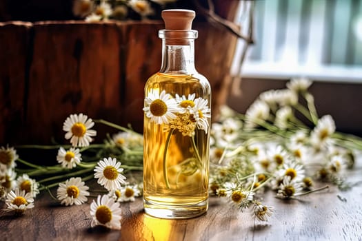 A bottle of essential oil is on a table next to a bunch of yellow flowers. The bottle is made of glass and has a cork stopper