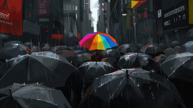 A rainbow umbrella being held by one person. Representation of the diversity and unity of the city.