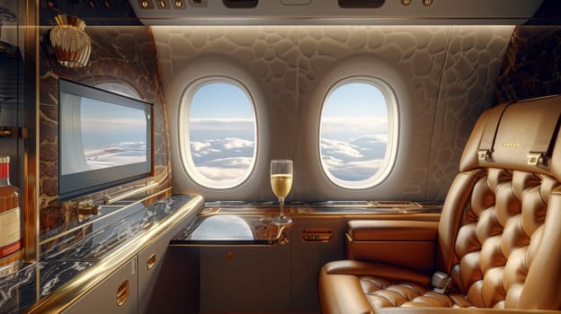 A luxurious airplane with two leather seats and a champagne glass. Private seat on private jet.