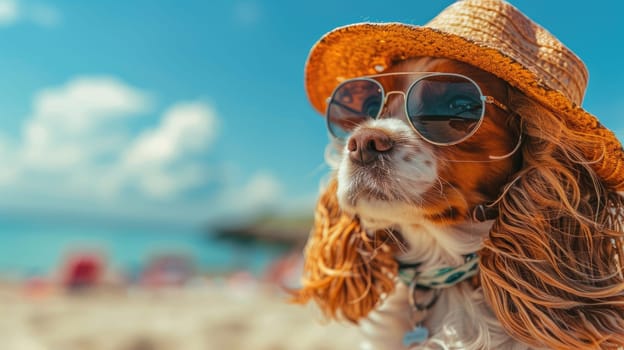 A dog wearing sunglasses and a straw hat is standing on a beach. The dog is smiling and he is enjoying the sunny day.