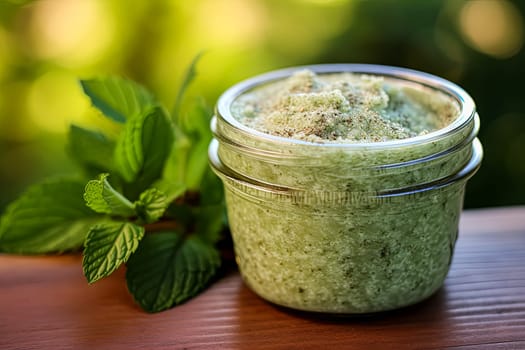 A jar of sugar scrub with peppermint sits on the table surrounded by herbs and mint, representing natural body care.