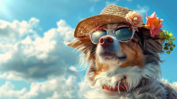 A dog wearing sunglasses and a straw hat is standing on a beach. The dog is smiling and he is enjoying the sunny day.