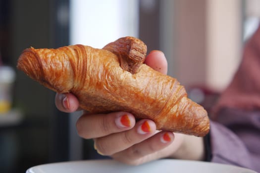 top view of hand pick fresh baked croissant .