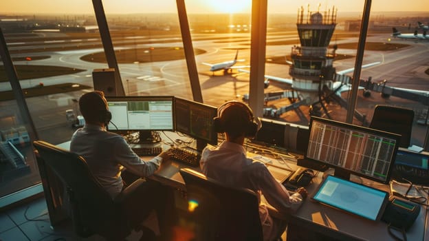 Airport Air Traffic Control Center with Professional Male and Female Controller Team Front View High Angle Golden Hour Light Concept Cinematic Style.
