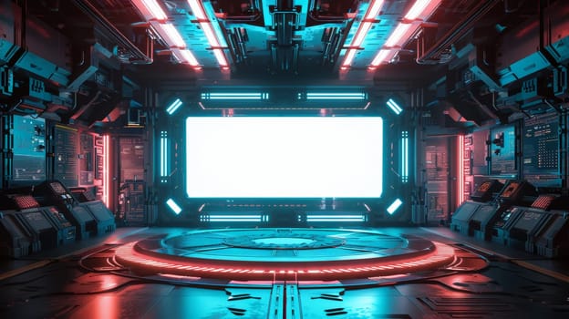 A futuristic space with a blue screen in the center. The room is empty and the blue light is on