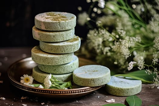 A stack of green bath bombs with a cross on them. The bath bombs are piled on top of each other on a wooden table