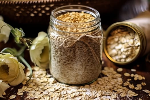 A jar of oatmeal is on a table with a spoon and a pile of oatmeal. The jar is half full and the oatmeal is scattered around it