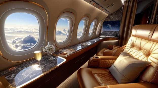 A luxurious airplane with two leather seats and a champagne glass. Private seat on private jet.