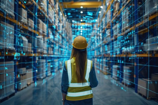 Female Warehouse Worker in Yellow Vest and Safety Helmet Navigating High Tech Warehouse Concept Tech Driven Inventory Management.