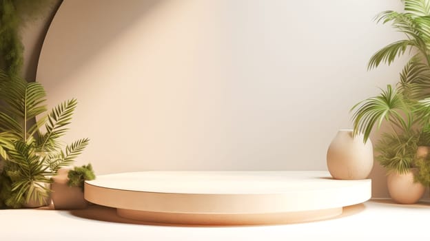 A white pedestal with a green plant on it, serving as an elegant display for cosmetics.