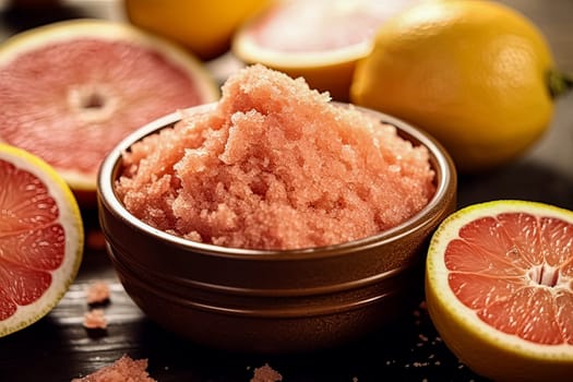 A glass jar with grapefruit salt scrub for the body, a concept of body care cosmetics. Sliced grapefruit rounds are placed around it.