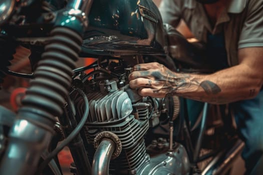 Mechanic Repairing a Motorcycle Vintage Style Concept Classic Motorbike Maintenance.