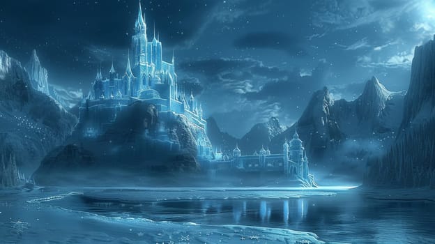 A castle is shown in the distance with a frozen lake in front of it. The castle is surrounded by snow and ice, giving it a cold and desolate appearance