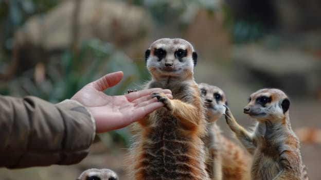 A person is feeding a group of meerkats.