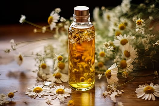 A bottle of essential oil is on a table next to a bunch of yellow flowers. The bottle is made of glass and has a cork stopper