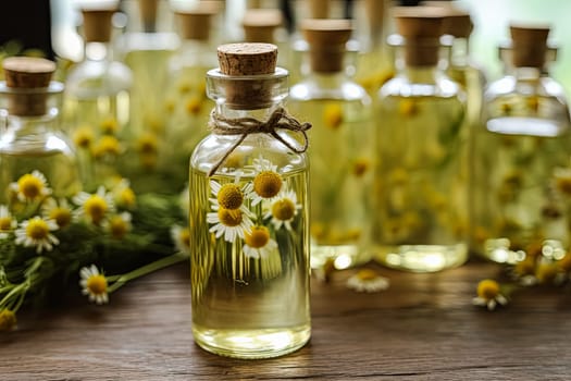 A bottle of essential oil is on a table next to a bunch of yellow flowers. The bottle is made of glass and has a cork stopper