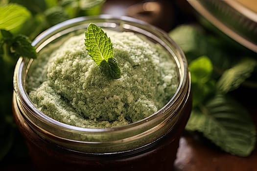 A jar of sugar scrub with peppermint sits on the table surrounded by herbs and mint, representing natural body care.