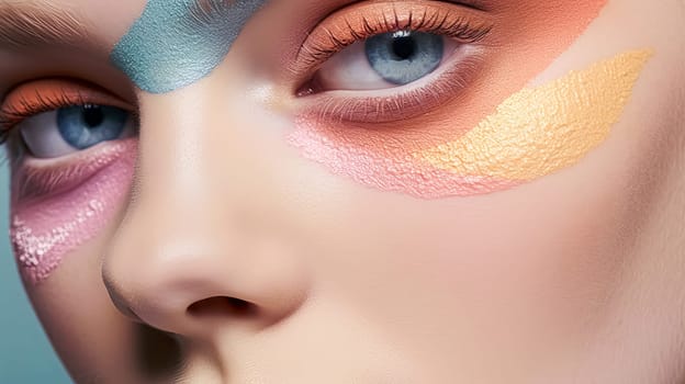 A woman's eye is painted with a colorful feather pattern. The colors are blue, orange, and yellow. The eye is the main focus of the image, and the colors and pattern create a vibrant