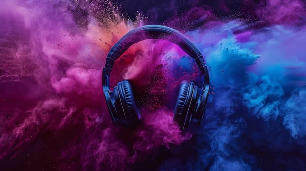 A pair of headphones is surrounded by colorful powder, creating a vibrant and energetic atmosphere. The headphones are positioned in the center of the image, drawing attention to their design