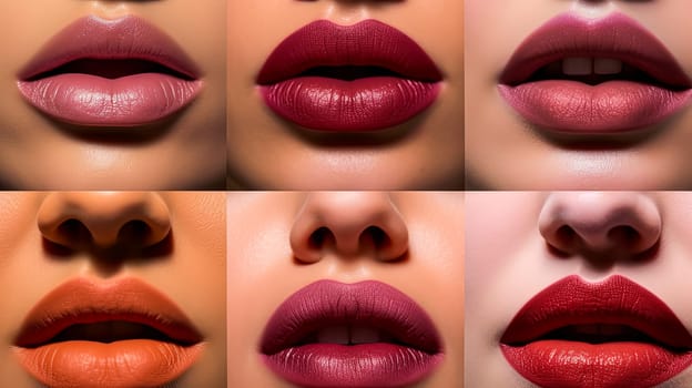 A row of lips with different shades of pink lipstick. The lips are arranged in a grid pattern, with each row and column featuring a different shade of pink. Concept of variety and diversity