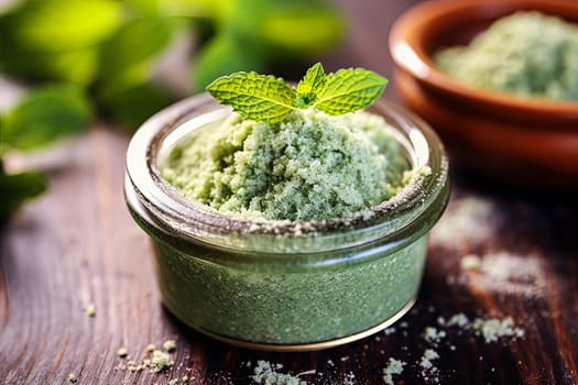 A jar of sugar scrub with peppermint sits on the table surrounded by herbs and mint, representing natural body care.