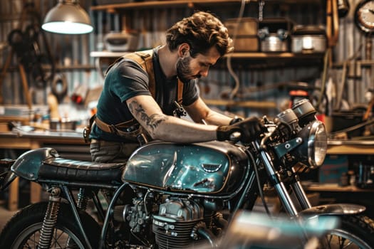 Mechanic Repairing a Motorcycle Vintage Style Concept Classic Motorbike Maintenance.