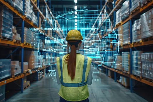 Female Warehouse Worker in Yellow Vest and Safety Helmet Navigating High Tech Warehouse Concept Tech Driven Inventory Management.