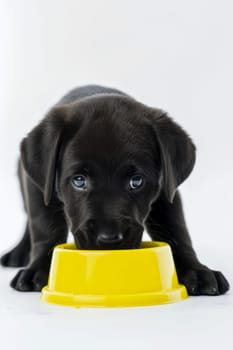 pet dog eating food from bowl dish isolated on background. ai generated.