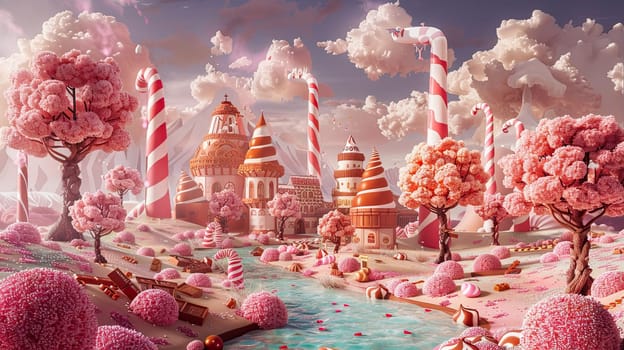 Artistic Illustration of Whimsical Chocolate Factory with Chocolate Rivers and Candy Trees Concept Playful Chocolate Day Banner Evoking Nostalgia and Wonder.