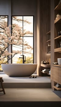 A photo capturing the serene beauty of a large white bath tub, bathing in natural light from a nearby window. The scene invites relaxation and indulgence in a luxurious bathroom setting.