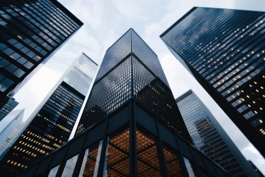 A city skyline with tall buildings, including a large glass building. The sky is cloudy, and the buildings are lit up at night, creating a moody atmosphere. The cityscape is bustling with activity