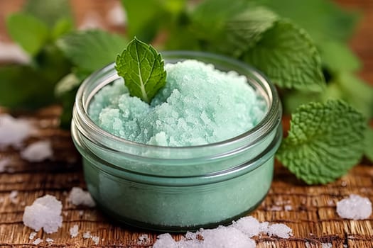 A jar of sugar scrub with peppermint sits on the table surrounded by herbs and mint, representing natural body care.