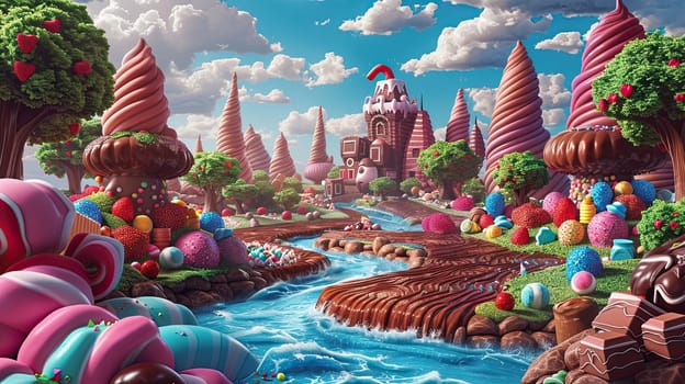 Artistic Illustration of Whimsical Chocolate Factory with Chocolate Rivers and Candy Trees Concept Playful Chocolate Day Banner Evoking Nostalgia and Wonder.
