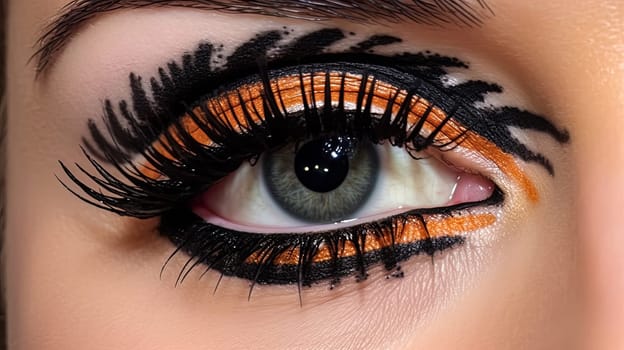 A woman's eye adorned with vibrant red and black eyeliner, showcasing a bold and striking evening makeup look.