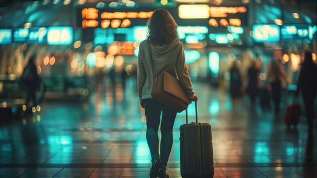 A woman is walking through an airport with a suitcase and a backpack.