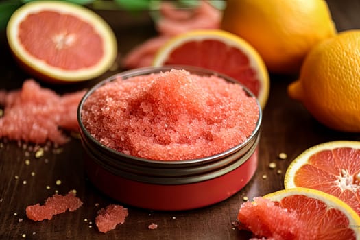 A glass jar with grapefruit salt scrub for the body, a concept of body care cosmetics. Sliced grapefruit rounds are placed around it.