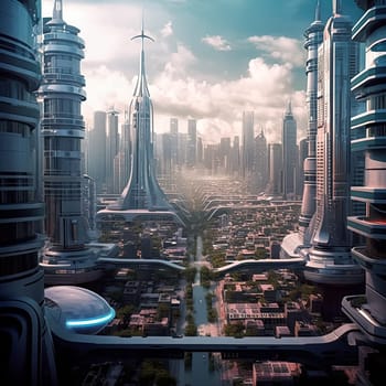 A futuristic city with tall buildings and a bridge. The city is filled with people and cars, and there are many buildings with domes. The sky is blue and there are clouds